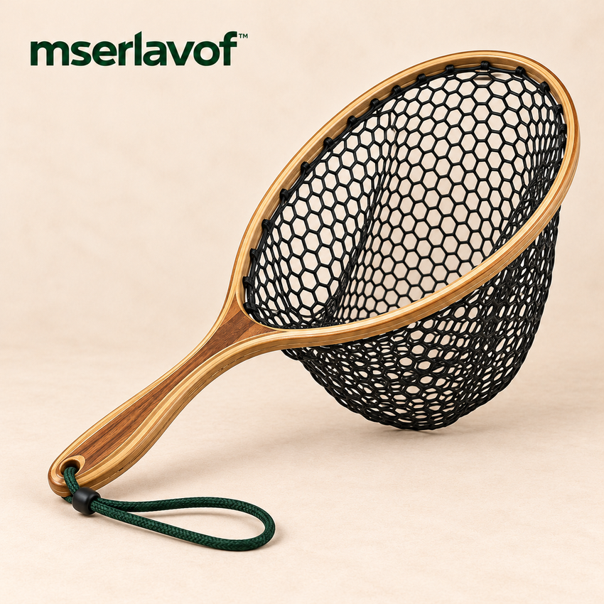 mserlavof™ BrookFrame Fishing Landing Net | Wooden Frame Trout Net with Rubber Mesh, Short Handle & Wrist Lanyard for Freshwater Fishing