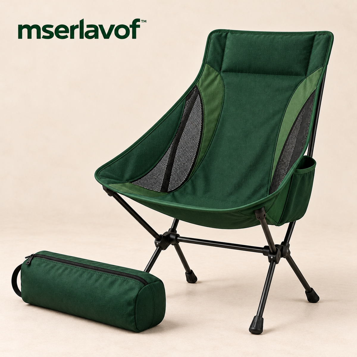 mserlavof™ RidgeRest Folding Camping Chair | Portable High-Back Outdoor Chair with Mesh Panels, Side Pocket & Carry Bag