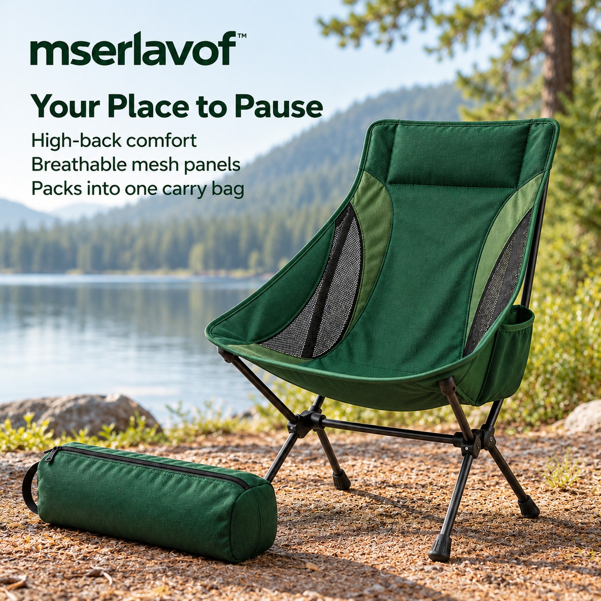 mserlavof™ RidgeRest Folding Camping Chair | Portable High-Back Outdoor Chair with Mesh Panels, Side Pocket & Carry Bag