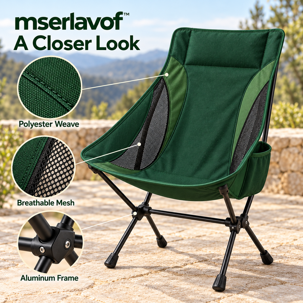 mserlavof™ RidgeRest Folding Camping Chair | Portable High-Back Outdoor Chair with Mesh Panels, Side Pocket & Carry Bag