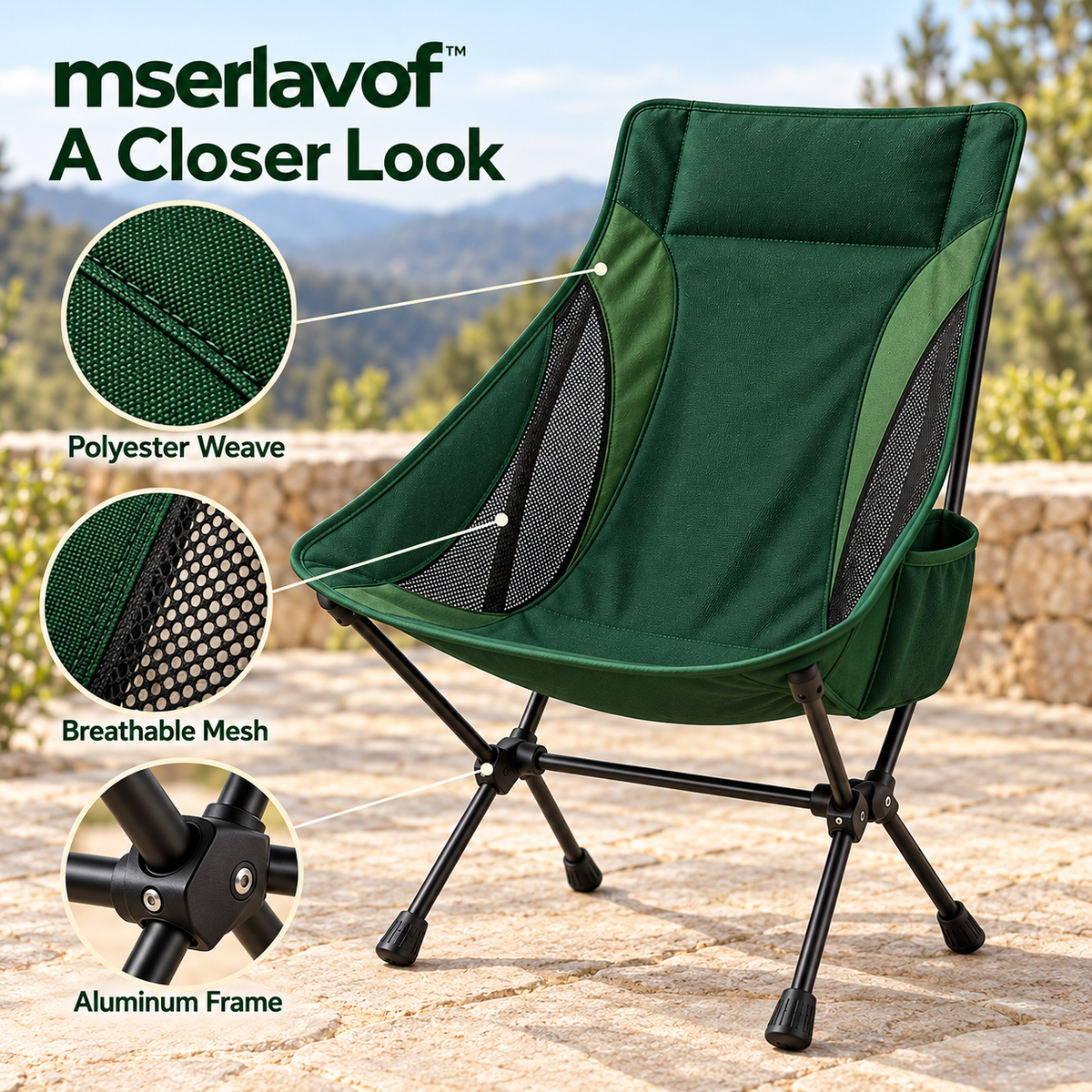 mserlavof™ RidgeRest Folding Camping Chair | Portable High-Back Outdoor Chair with Mesh Panels, Side Pocket & Carry Bag
