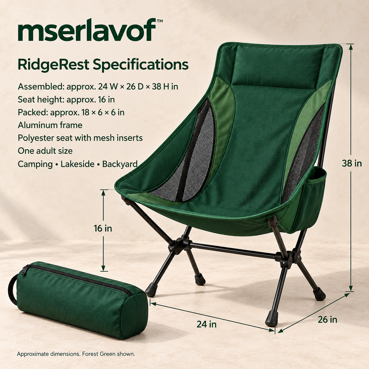 mserlavof™ RidgeRest Folding Camping Chair | Portable High-Back Outdoor Chair with Mesh Panels, Side Pocket & Carry Bag