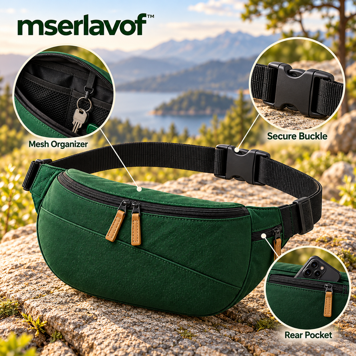 mserlavof™ PacePocket 2L Waist Pack | Adjustable Hiking Belt Bag and Crossbody Sling with Organizer Pocket & Key Clip