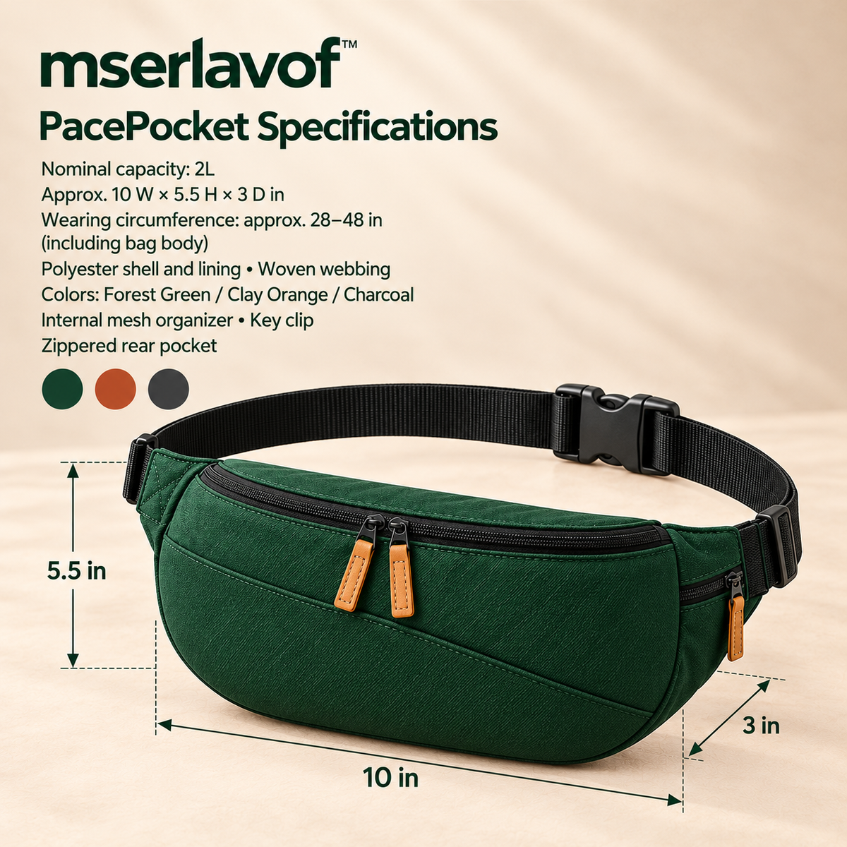 mserlavof™ PacePocket 2L Waist Pack | Adjustable Hiking Belt Bag and Crossbody Sling with Organizer Pocket & Key Clip