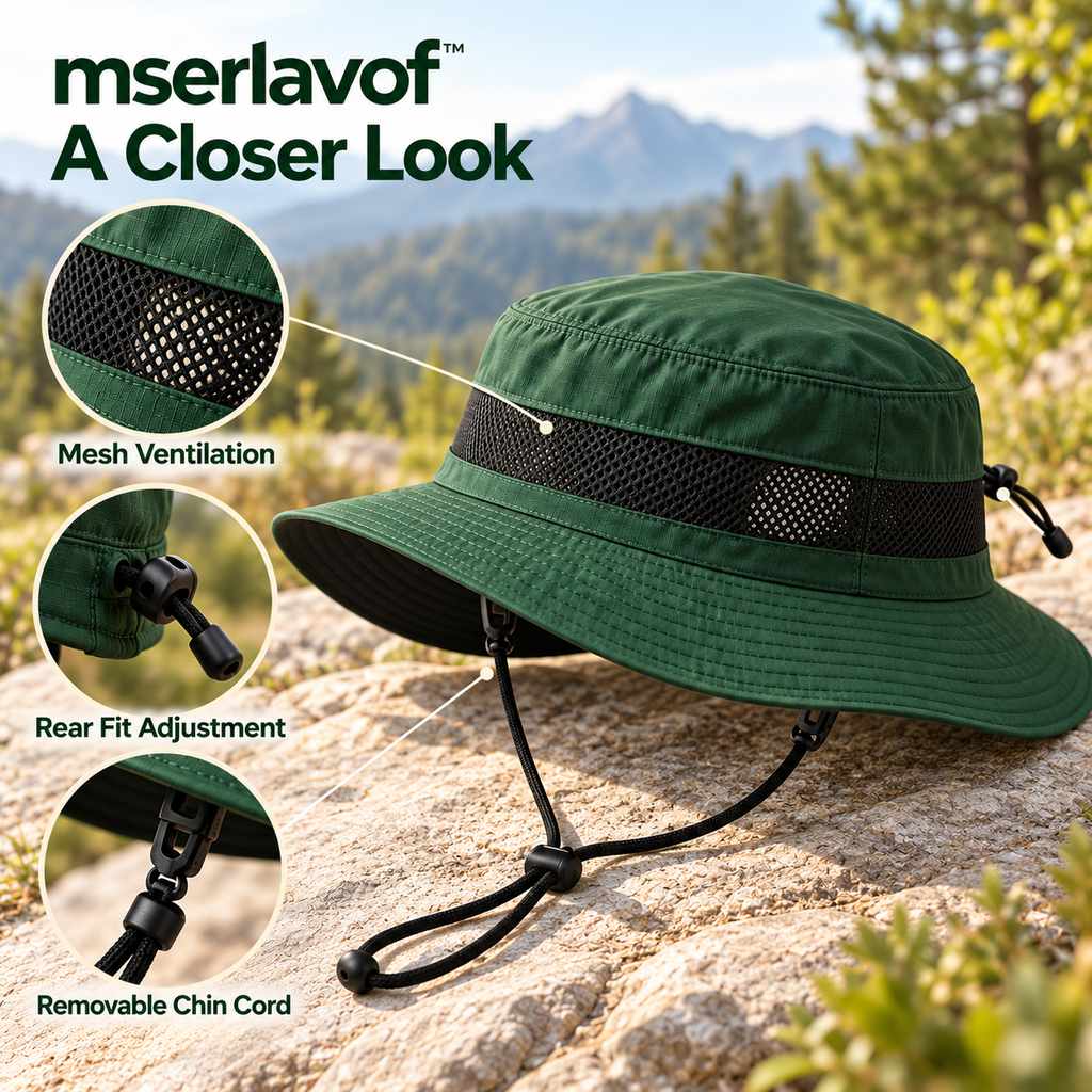 mserlavof™ HorizonBrim Packable Outdoor Hat | Wide-Brim Hiking and Fishing Hat with Mesh Ventilation, Adjustable Fit & Removable Chin Cord