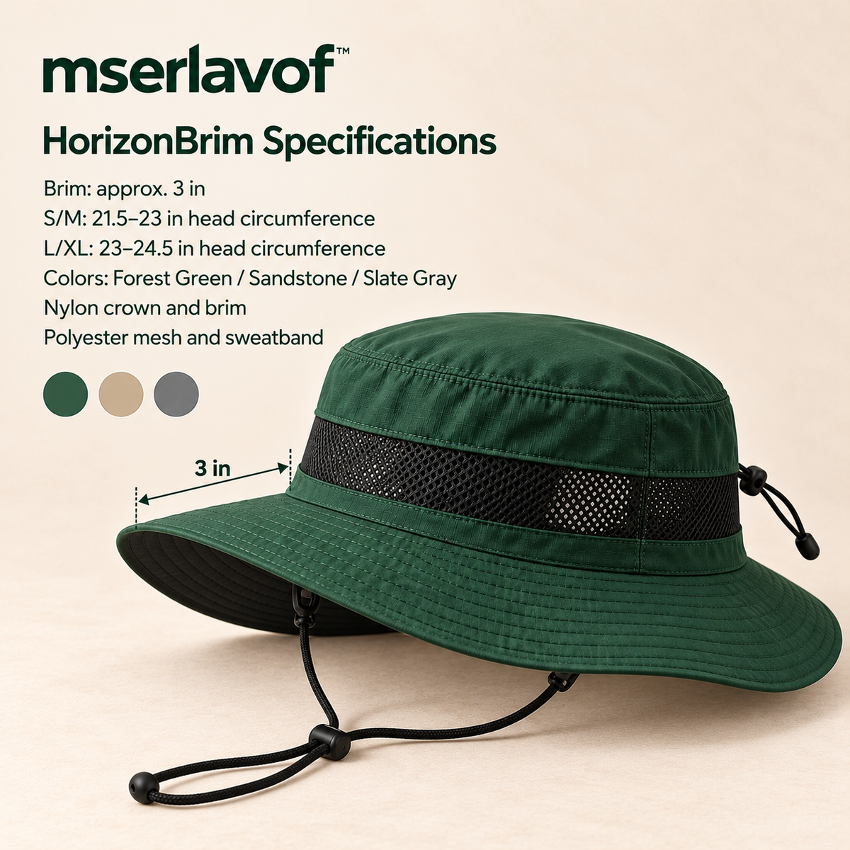 mserlavof™ HorizonBrim Packable Outdoor Hat | Wide-Brim Hiking and Fishing Hat with Mesh Ventilation, Adjustable Fit & Removable Chin Cord