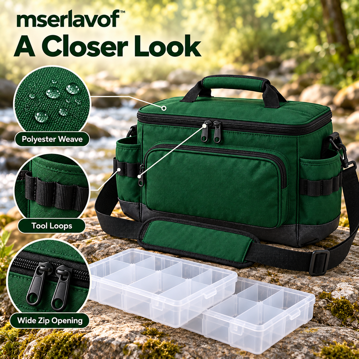 mserlavof™ CreekSide Fishing Tackle Bag | Compact Shoulder Gear Organizer with 2 Adjustable Tackle Trays, Tool Loops & Exterior Pockets
