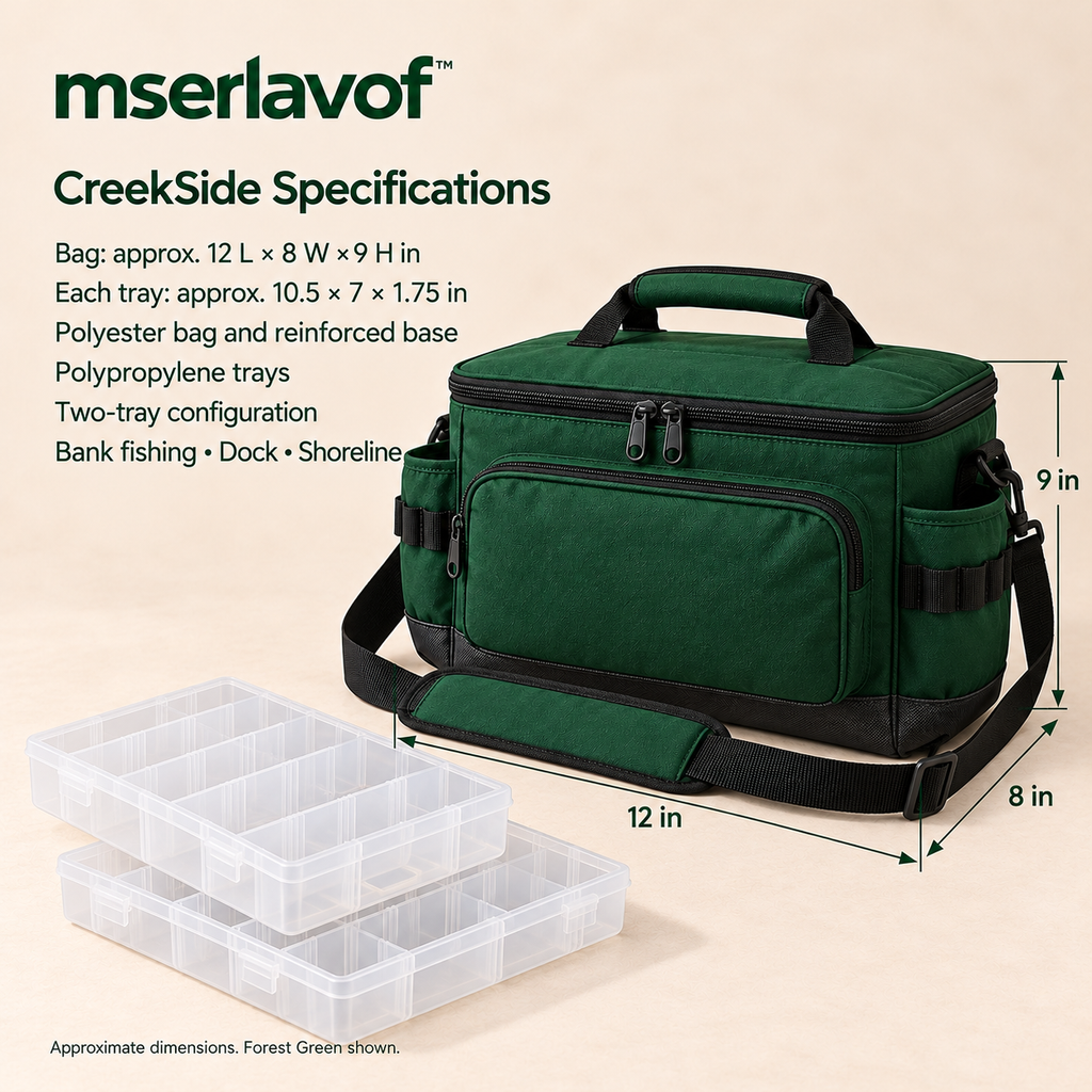 mserlavof™ CreekSide Fishing Tackle Bag | Compact Shoulder Gear Organizer with 2 Adjustable Tackle Trays, Tool Loops & Exterior Pockets