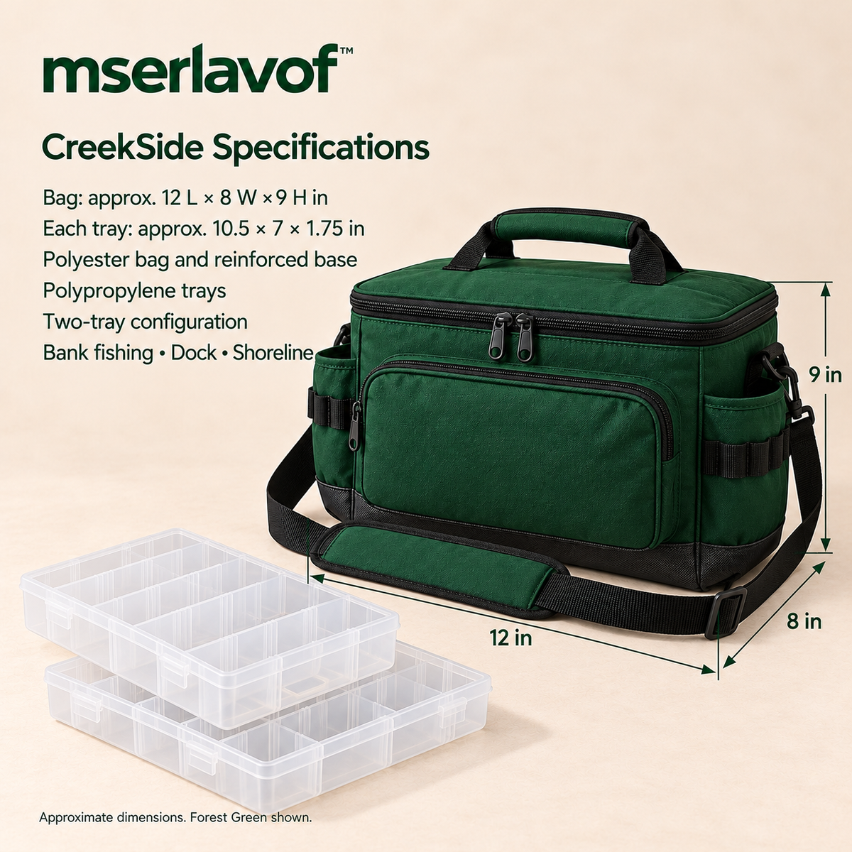mserlavof™ CreekSide Fishing Tackle Bag | Compact Shoulder Gear Organizer with 2 Adjustable Tackle Trays, Tool Loops & Exterior Pockets