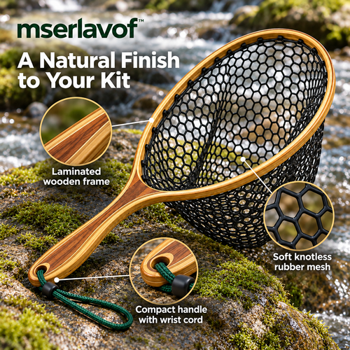 mserlavof™ BrookFrame Fishing Landing Net | Wooden Frame Trout Net with Rubber Mesh, Short Handle & Wrist Lanyard for Freshwater Fishing