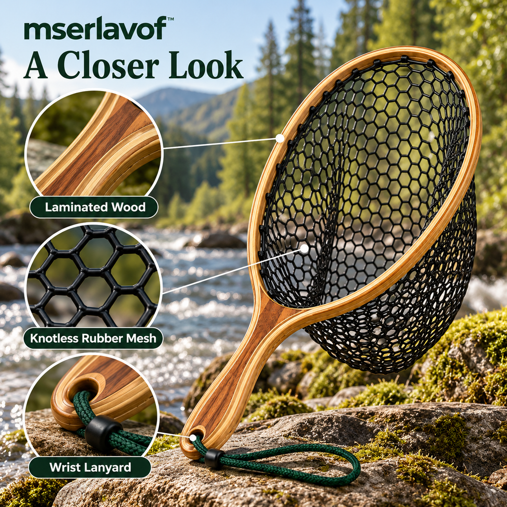 mserlavof™ BrookFrame Fishing Landing Net | Wooden Frame Trout Net with Rubber Mesh, Short Handle & Wrist Lanyard for Freshwater Fishing