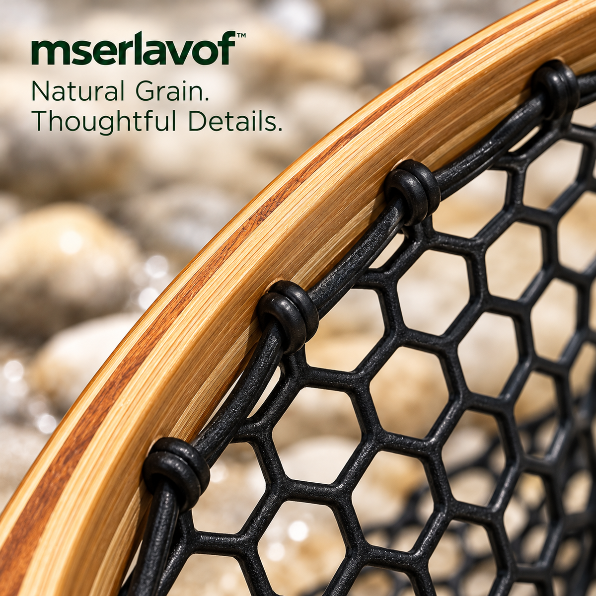 mserlavof™ BrookFrame Fishing Landing Net | Wooden Frame Trout Net with Rubber Mesh, Short Handle & Wrist Lanyard for Freshwater Fishing