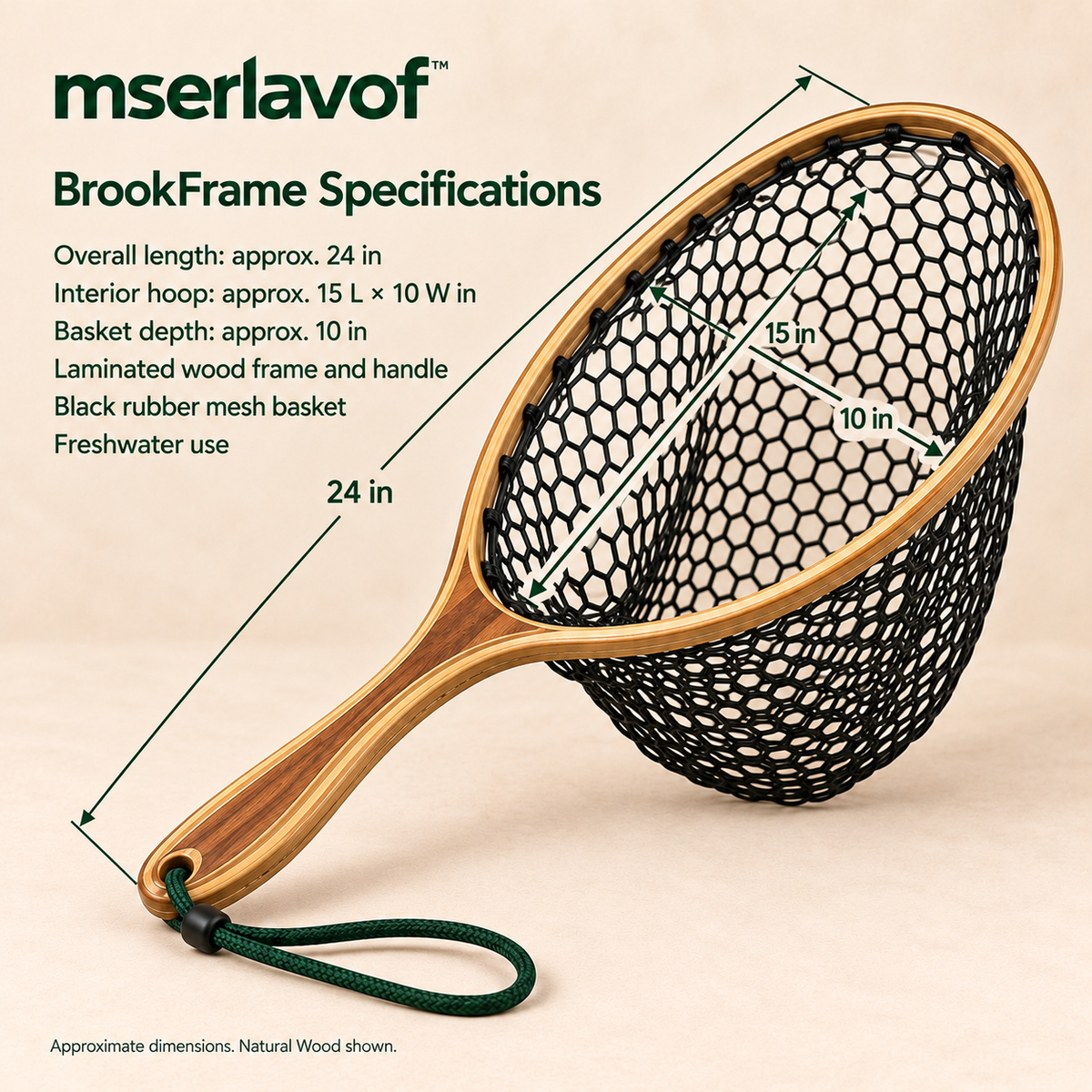 mserlavof™ BrookFrame Fishing Landing Net | Wooden Frame Trout Net with Rubber Mesh, Short Handle & Wrist Lanyard for Freshwater Fishing