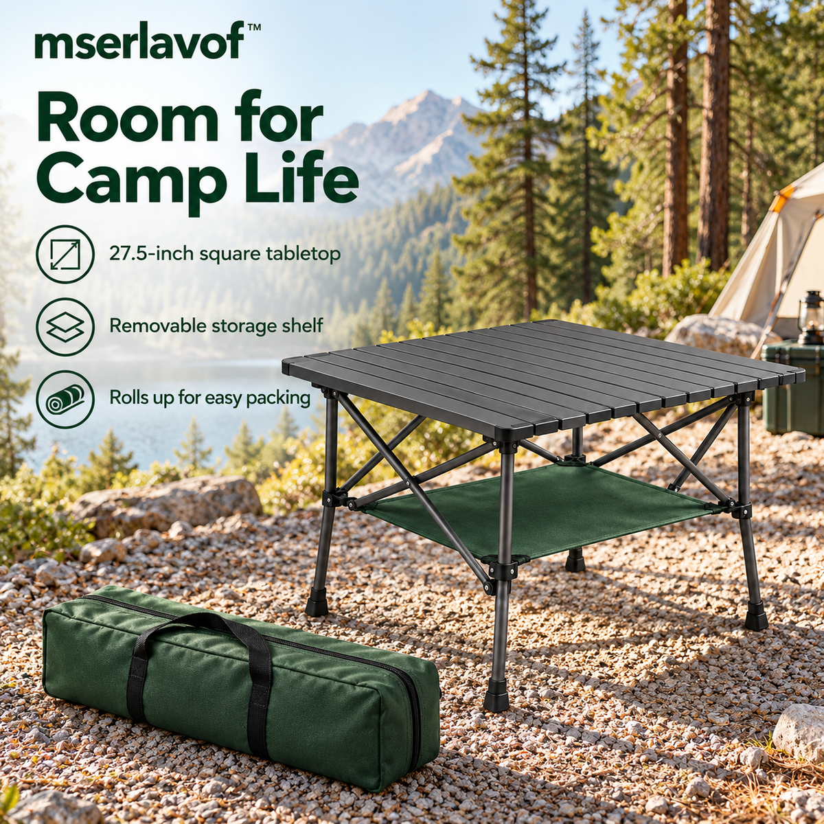mserlavof™ MesaFold Aluminum Camping Table | Portable Roll-Top Outdoor Table with Folding Frame, Storage Shelf & Carry Bag