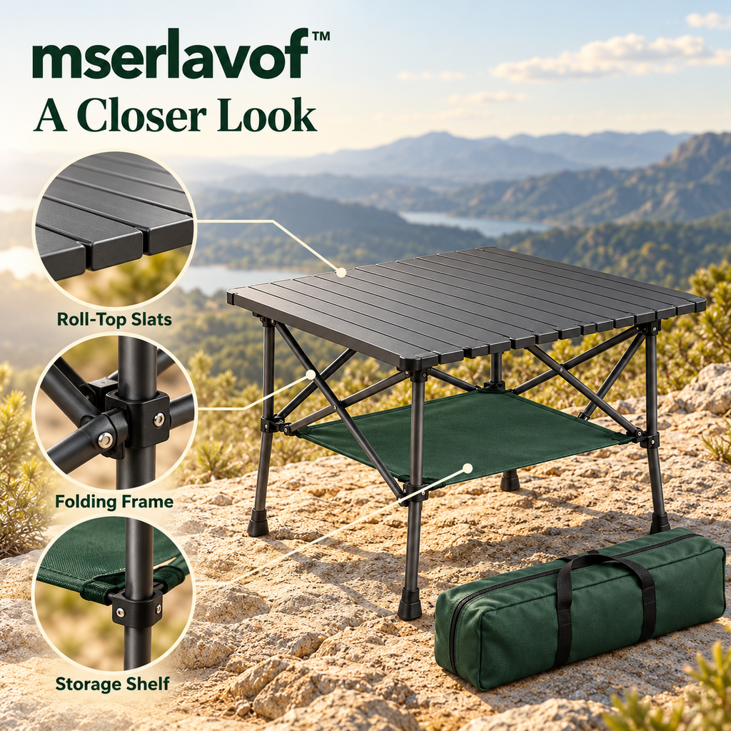 mserlavof™ MesaFold Aluminum Camping Table | Portable Roll-Top Outdoor Table with Folding Frame, Storage Shelf & Carry Bag