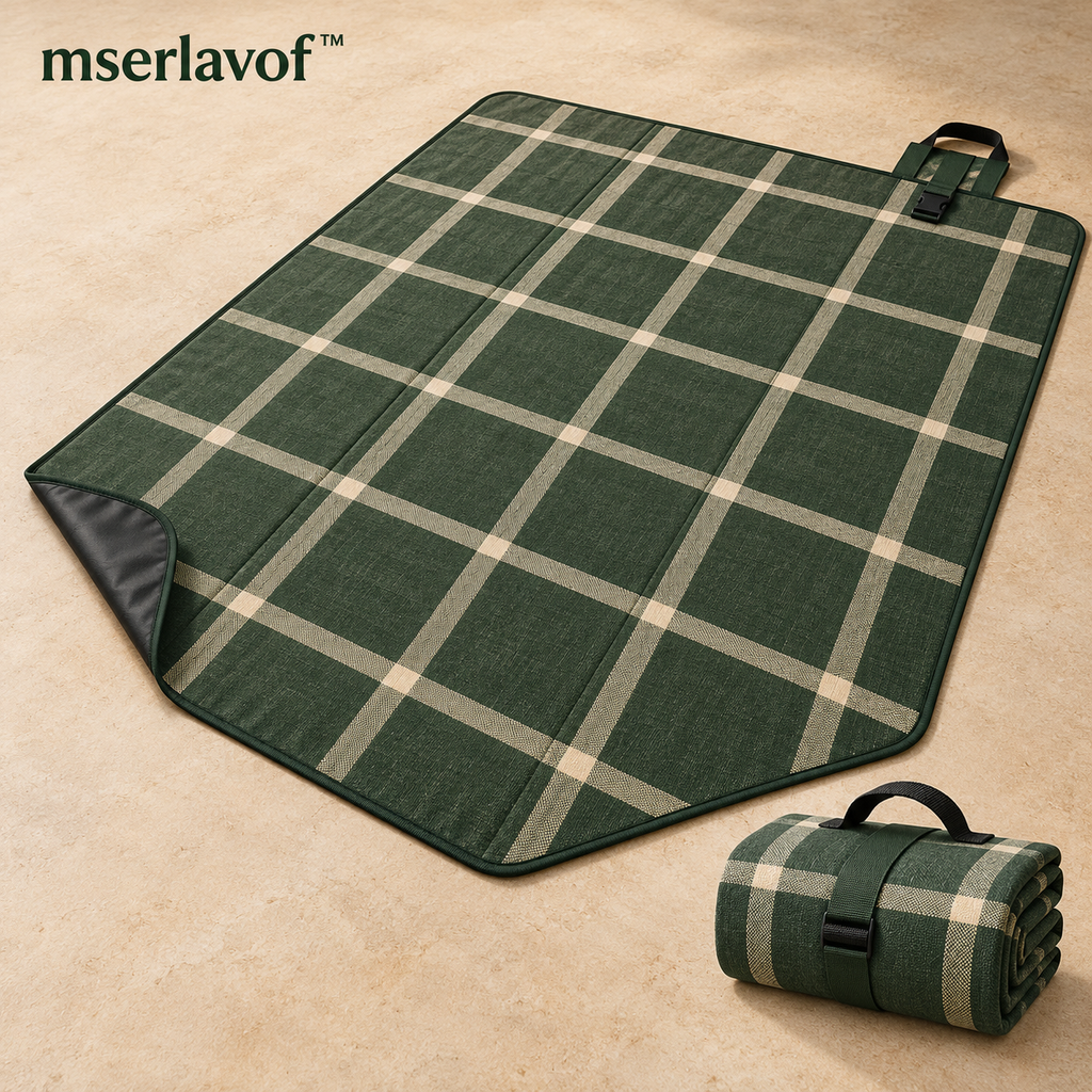 mserlavof™ MeadowGrid Picnic Blanket | 80" × 60" Foldable Outdoor Mat with Padded Layers, Coated Backing & Carry Handle