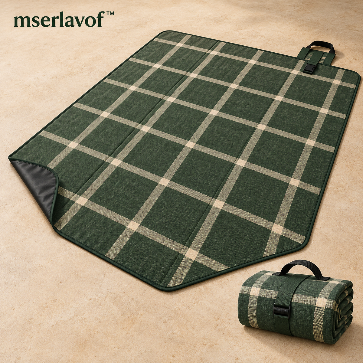 mserlavof™ MeadowGrid Picnic Blanket | 80" × 60" Foldable Outdoor Mat with Padded Layers, Coated Backing & Carry Handle