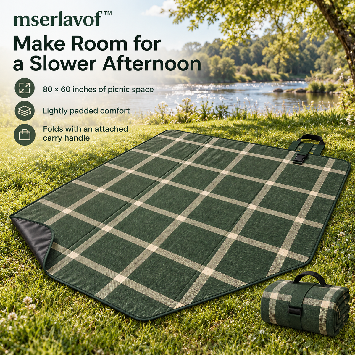 mserlavof™ MeadowGrid Picnic Blanket | 80" × 60" Foldable Outdoor Mat with Padded Layers, Coated Backing & Carry Handle