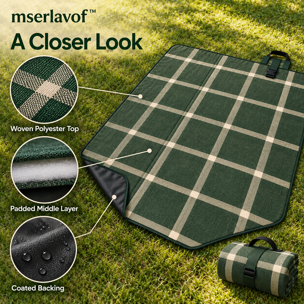 mserlavof™ MeadowGrid Picnic Blanket | 80" × 60" Foldable Outdoor Mat with Padded Layers, Coated Backing & Carry Handle