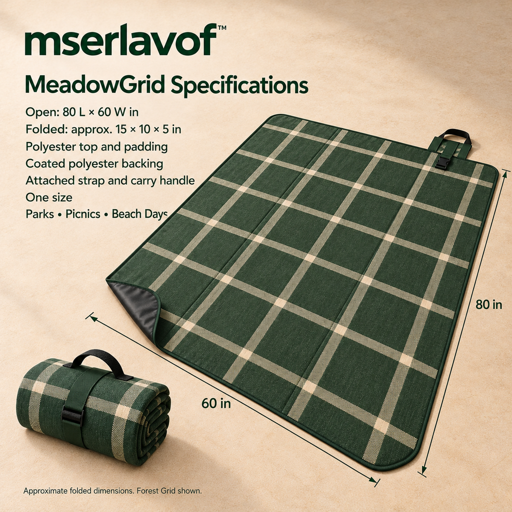 mserlavof™ MeadowGrid Picnic Blanket | 80" × 60" Foldable Outdoor Mat with Padded Layers, Coated Backing & Carry Handle