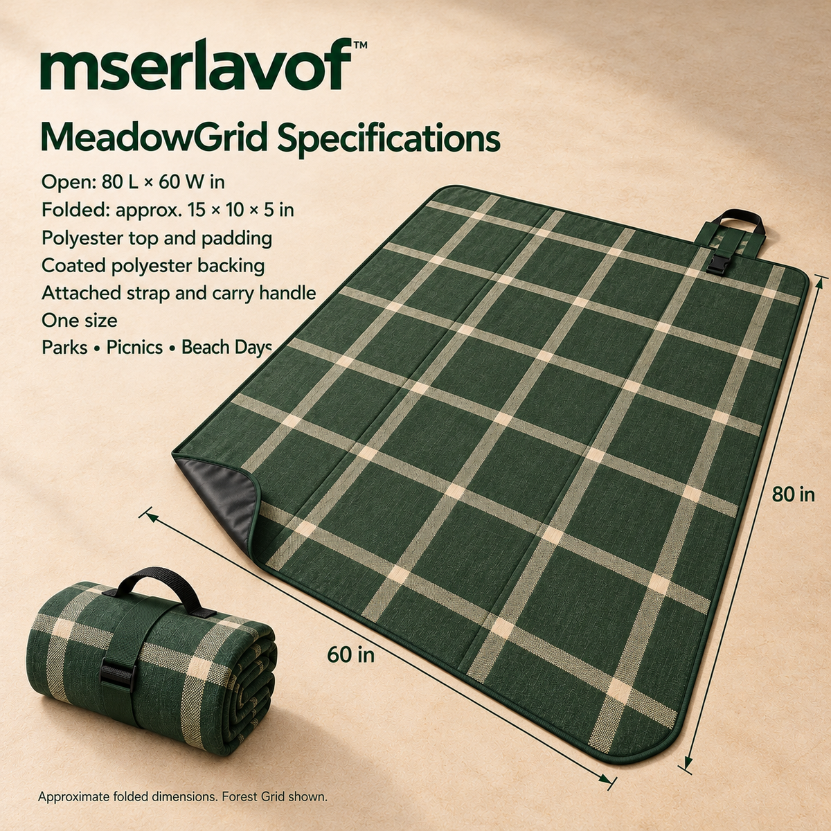 mserlavof™ MeadowGrid Picnic Blanket | 80" × 60" Foldable Outdoor Mat with Padded Layers, Coated Backing & Carry Handle