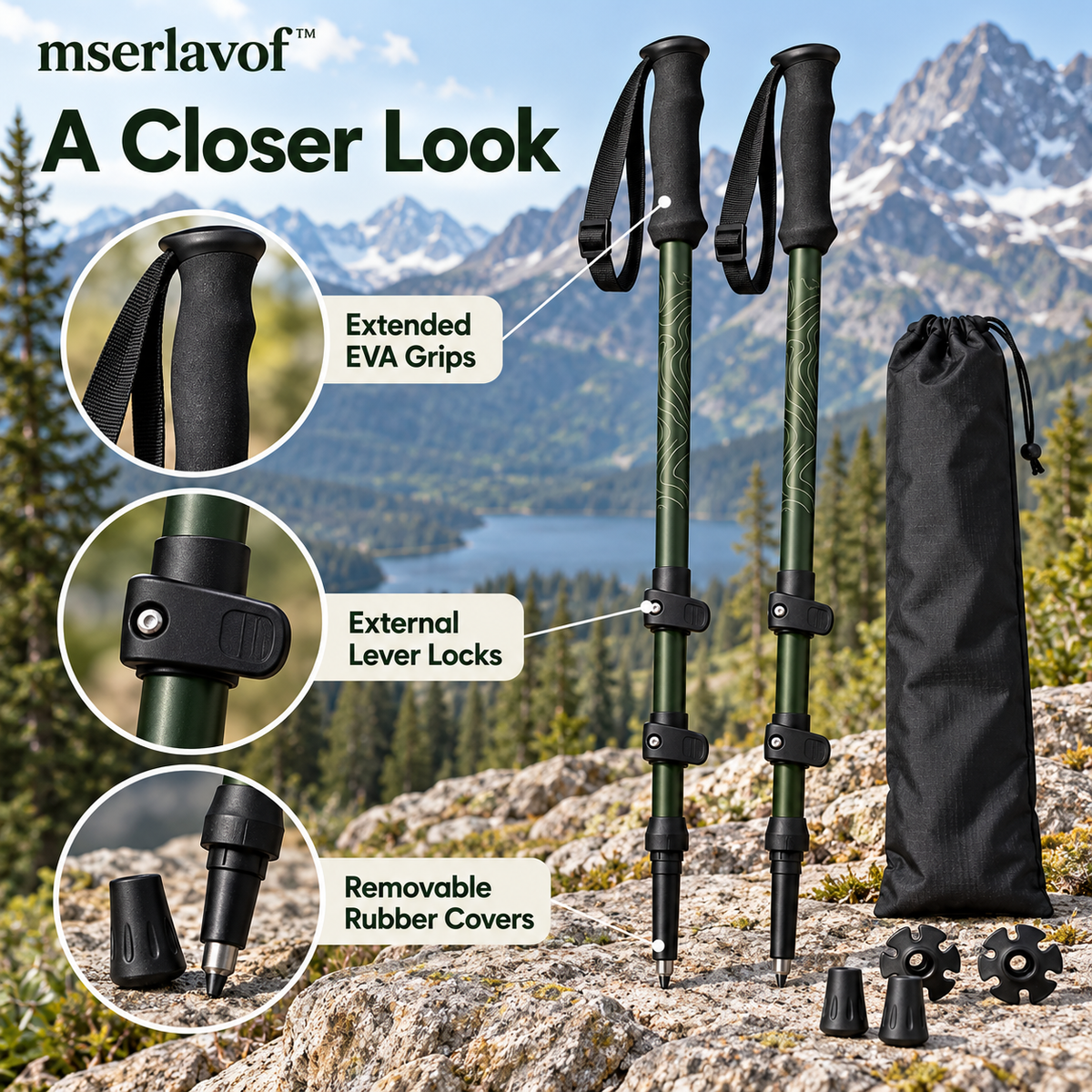 mserlavof™ Switchback Adjustable Trekking Poles | Aluminum Hiking Pole Pair with Lever Locks, EVA Grips, Rubber Tips & Trail Baskets