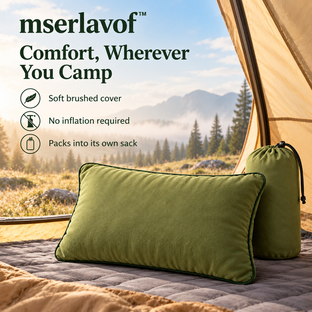 mserlavof™ CloudTrail Packable Camping Pillow | 18" × 12" Compressible Travel Pillow with Removable Cover & Drawstring Stuff Sack