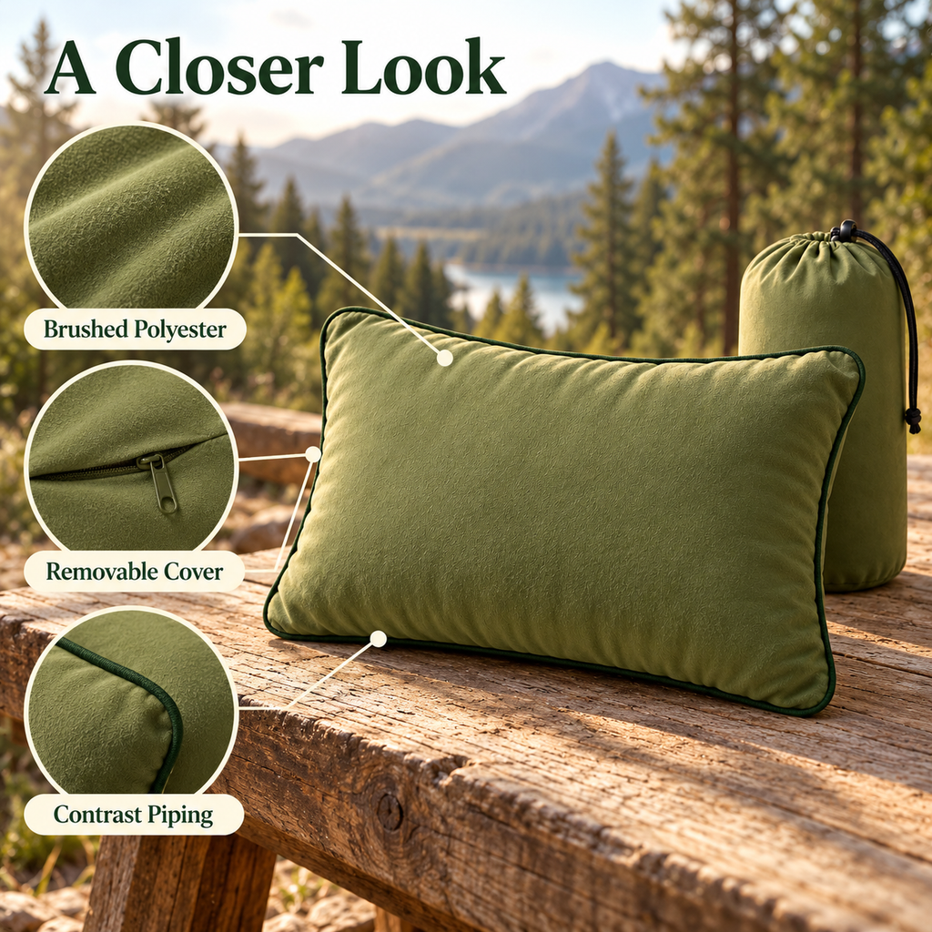 mserlavof™ CloudTrail Packable Camping Pillow | 18" × 12" Compressible Travel Pillow with Removable Cover & Drawstring Stuff Sack