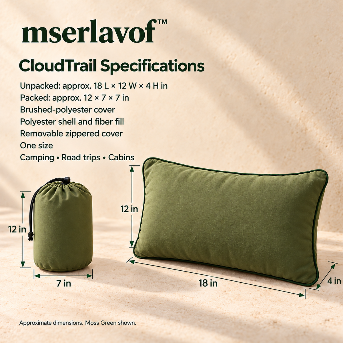 mserlavof™ CloudTrail Packable Camping Pillow | 18" × 12" Compressible Travel Pillow with Removable Cover & Drawstring Stuff Sack