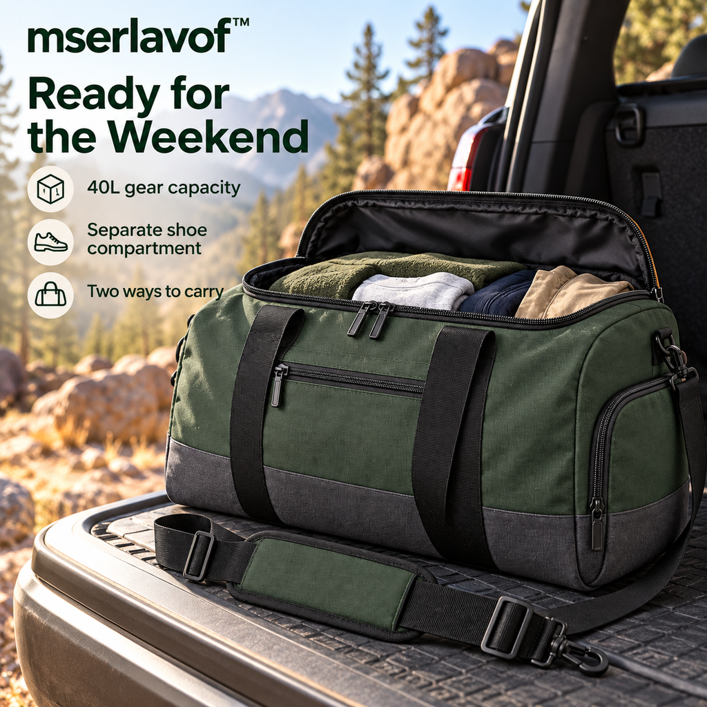 mserlavof™ RoamWeek 40L Travel Duffel Bag | Outdoor Weekender Gear Bag with Shoe Compartment, Shoulder Strap & Wide Zip Opening