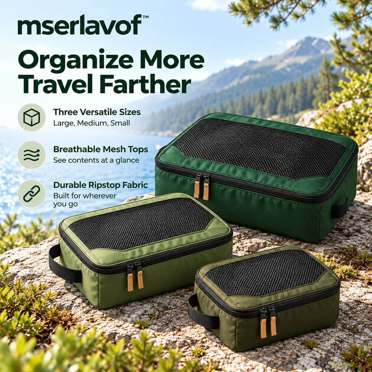 mserlavof™ RouteSort Packing Cube Set | 3 Travel Organizers with Mesh Panels, Grab Handles & Two-Way Zippers for Duffels and Backpacks
