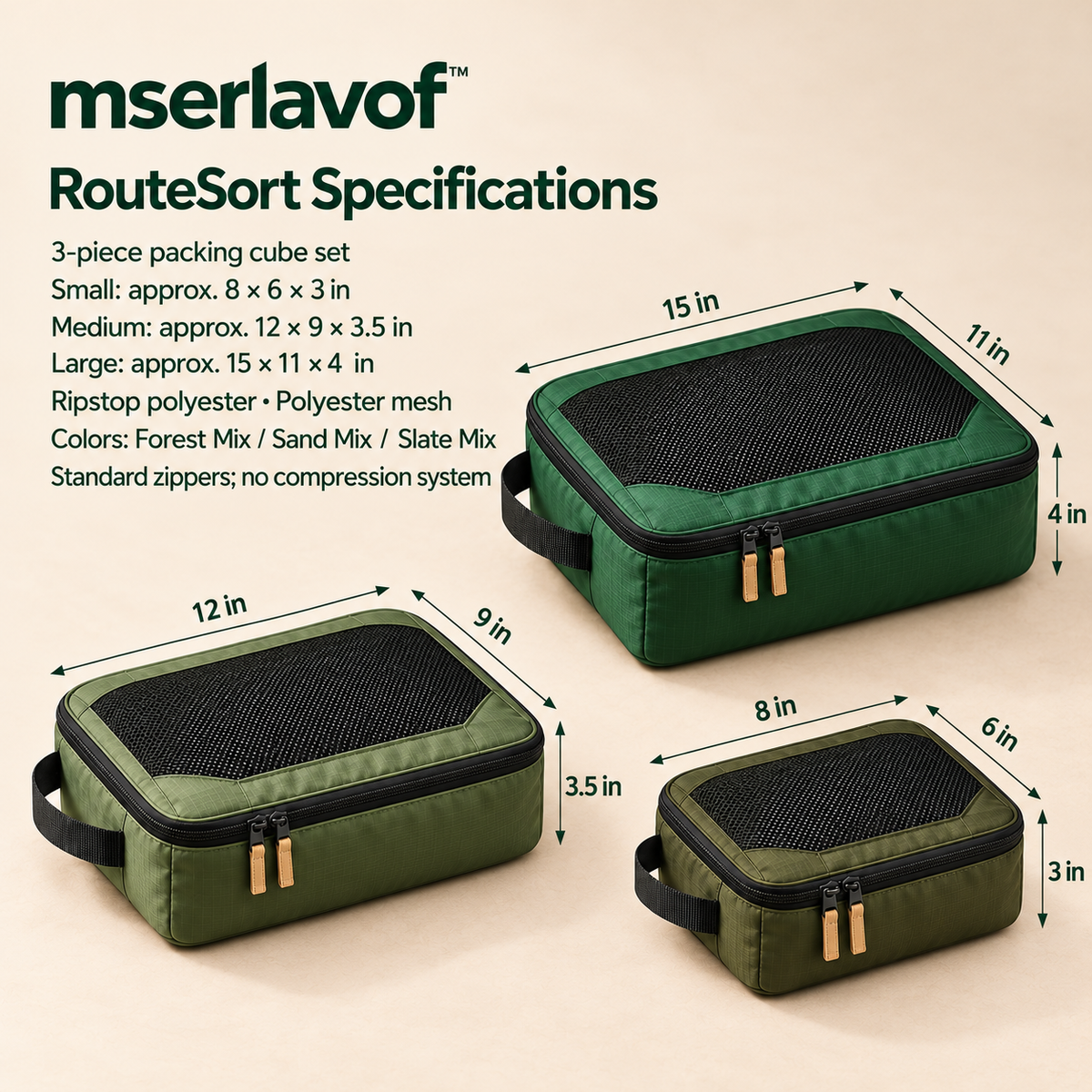 mserlavof™ RouteSort Packing Cube Set | 3 Travel Organizers with Mesh Panels, Grab Handles & Two-Way Zippers for Duffels and Backpacks