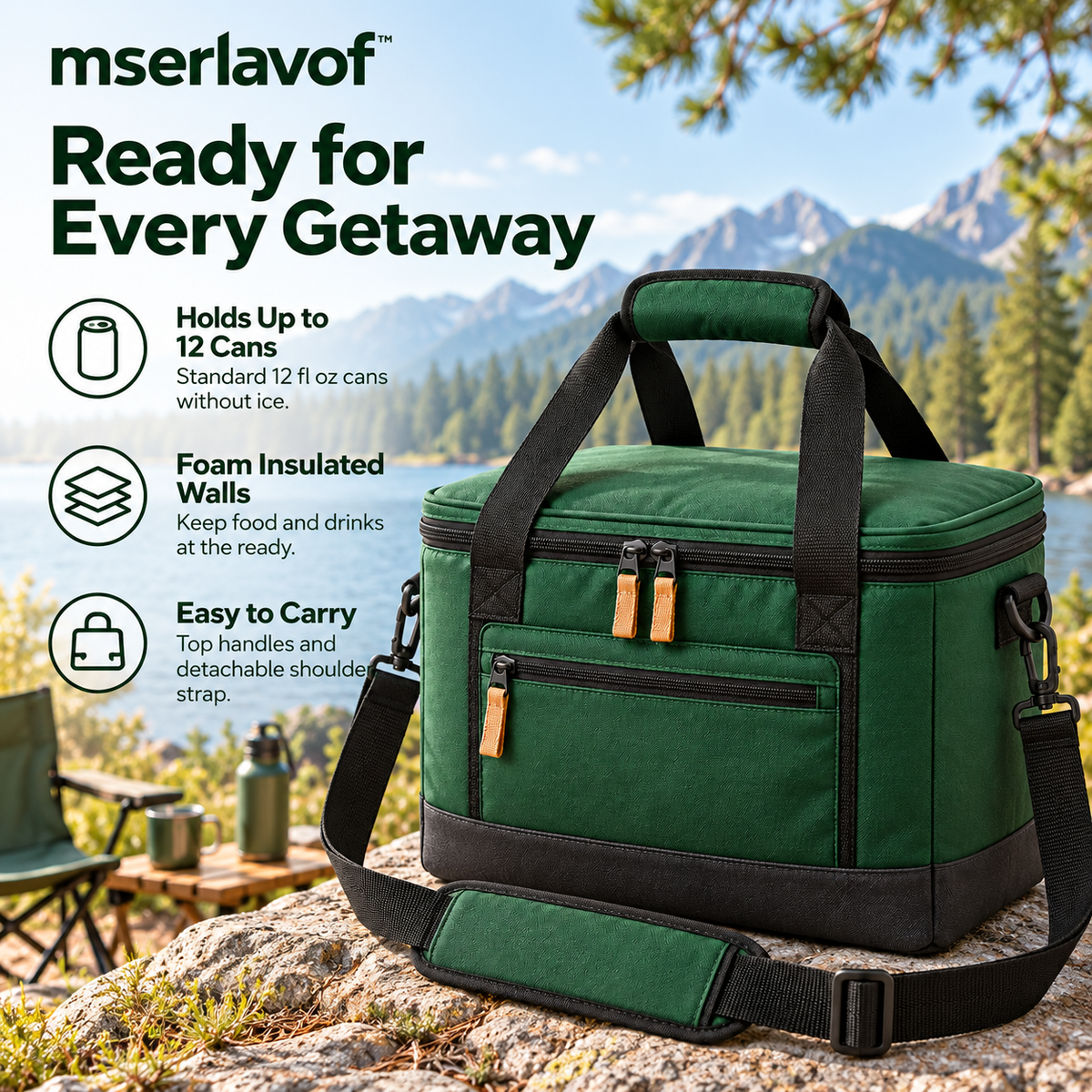 mserlavof™ Waypoint Soft Cooler Bag | 12-Can Insulated Lunch and Picnic Cooler with Removable Liner, Front Pocket & Shoulder Strap