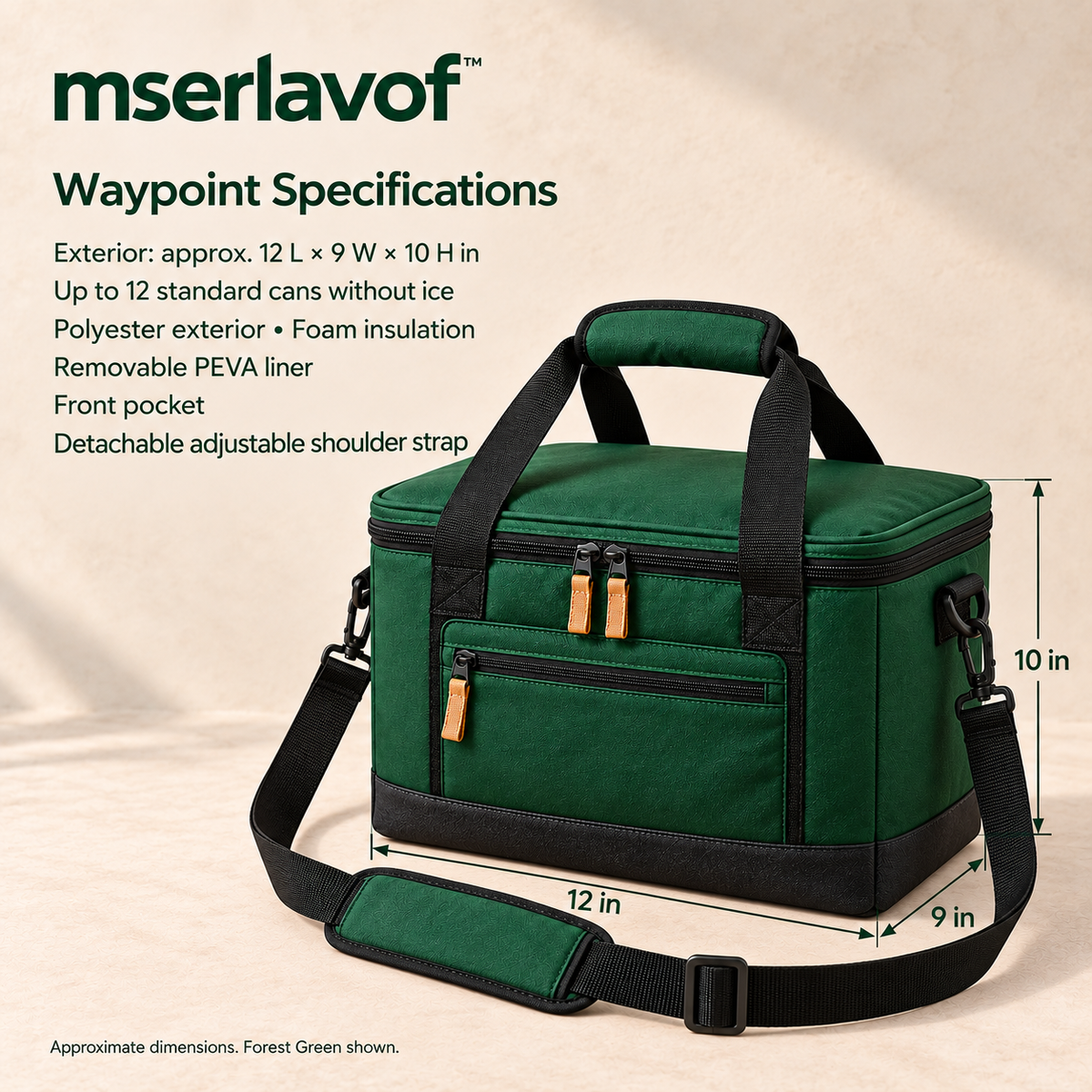 mserlavof™ Waypoint Soft Cooler Bag | 12-Can Insulated Lunch and Picnic Cooler with Removable Liner, Front Pocket & Shoulder Strap